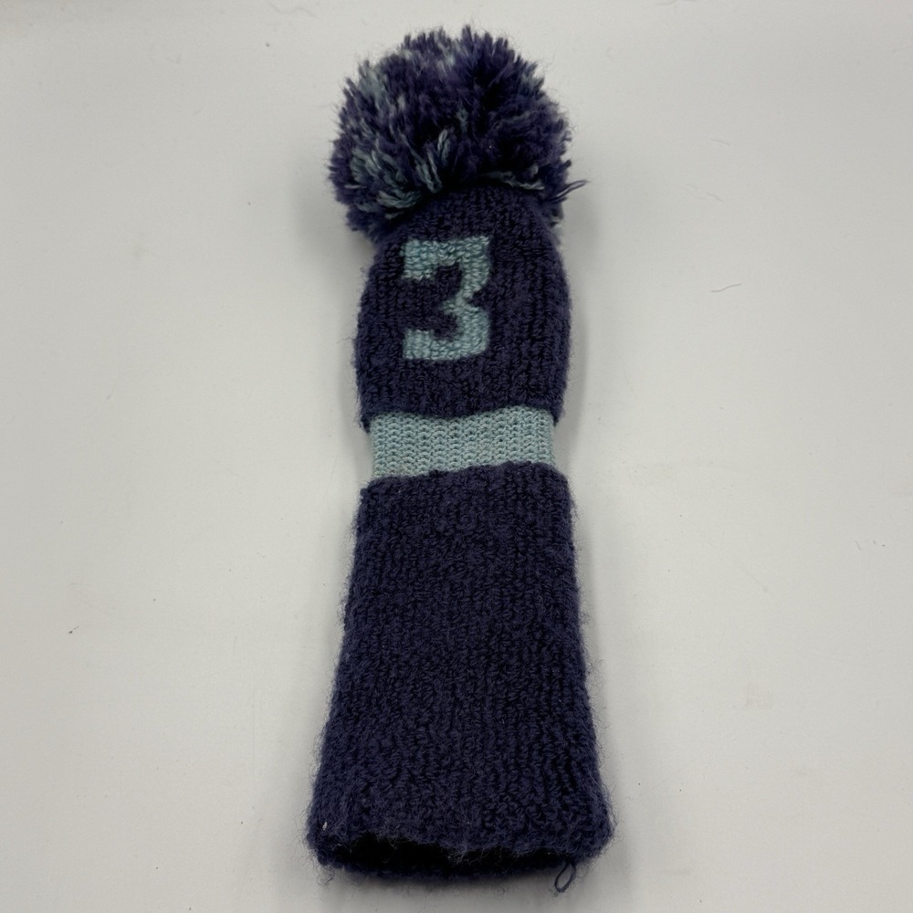 Vintage Knit Golf Club Headcover #3 Pom Pom Navy Blue 100% Acrylic Korea